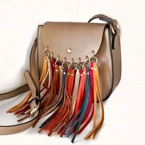 MELLOW WORLD Taupe/ Beige Multicolor Fringe Tassel Bag Small